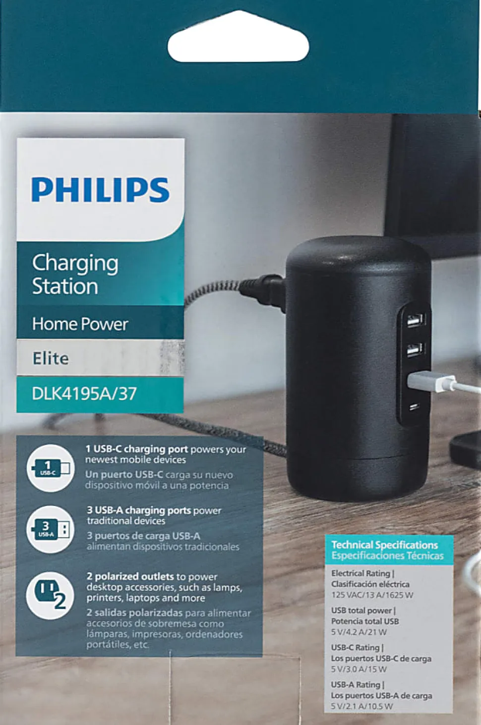 Philips 3 USB-A/1 USB-C/2-Outlet Desktop Charging Station, 5', Black