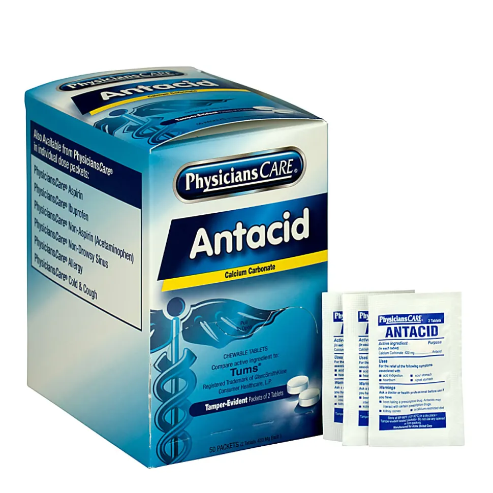 PhysiciansCare Antacid Heartburn Medication, 2 Tablets Per Packet, Box Of 50 Packets