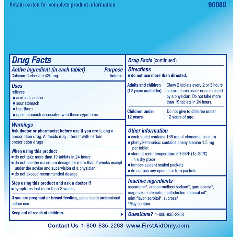 PhysiciansCare Antacid Heartburn Medication, 2 Tablets Per Packet, Box Of 50 Packets
