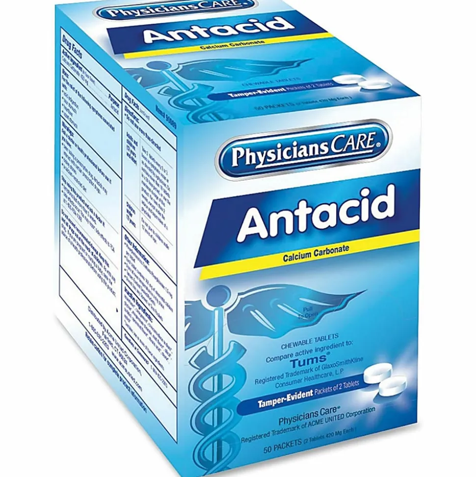 PhysiciansCare Antacid Heartburn Medication, 2 Tablets Per Packet, Box Of 50 Packets