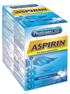 PhysiciansCare Aspirin Pain Reliever Medication, 2 Tablets Per Packet, Box Of 50 Packets