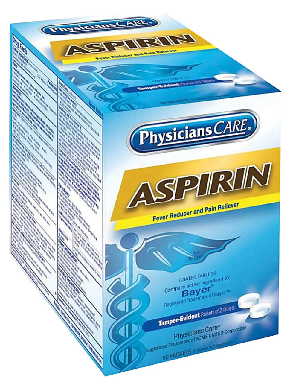PhysiciansCare Aspirin Pain Reliever Medication, 2 Tablets Per Packet, Box Of 50 Packets