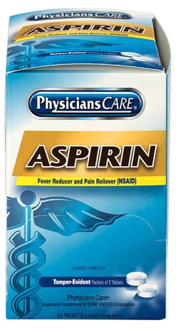 PhysiciansCare Aspirin Pain Reliever Medication, 2 Tablets Per Packet, Box Of 50 Packets