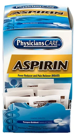 PhysiciansCare Aspirin Pain Reliever Medication, 2 Tablets Per Packet, Box Of 50 Packets