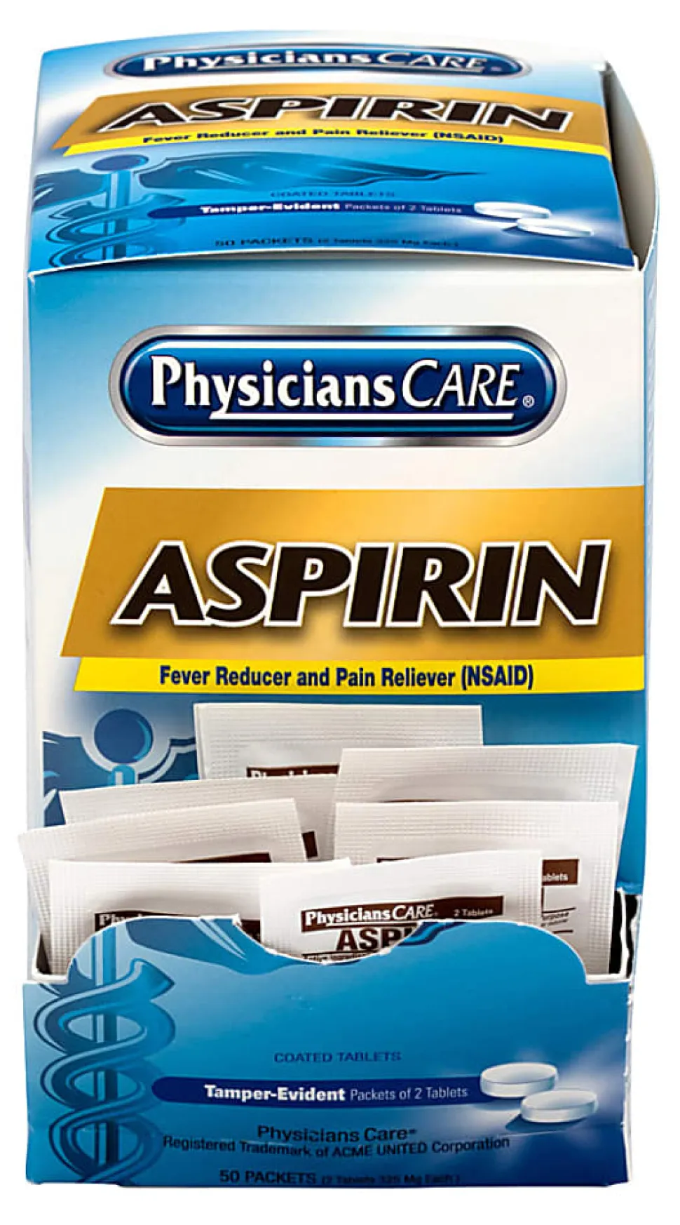 PhysiciansCare Aspirin Pain Reliever Medication, 2 Tablets Per Packet, Box Of 50 Packets