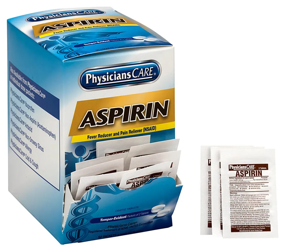 PhysiciansCare Aspirin Pain Reliever Medication, 2 Tablets Per Packet, Box Of 50 Packets