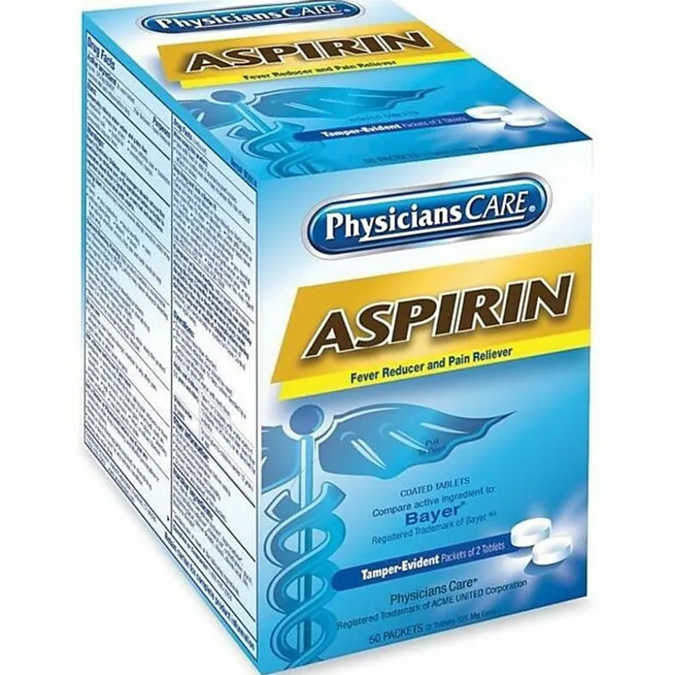 PhysiciansCare Aspirin Pain Reliever Medication, 2 Tablets Per Packet, Box Of 50 Packets