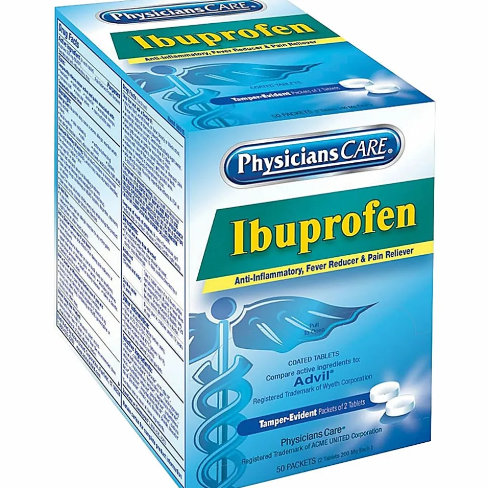 PhysiciansCare Ibuprofen Pain Reliever Medication, 2 Tablets Per Packet, Box of 50 Packets