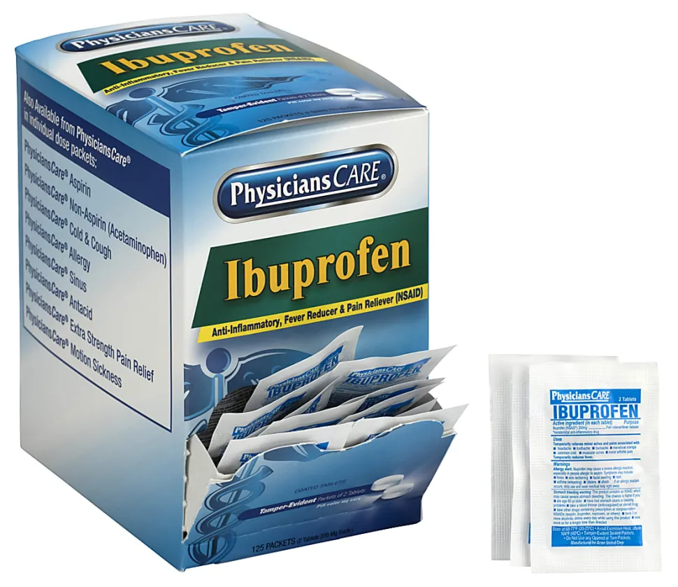 PhysiciansCare Ibuprofen Pain Reliever Medication, 2 Tablets Per Packet, Box of 50 Packets