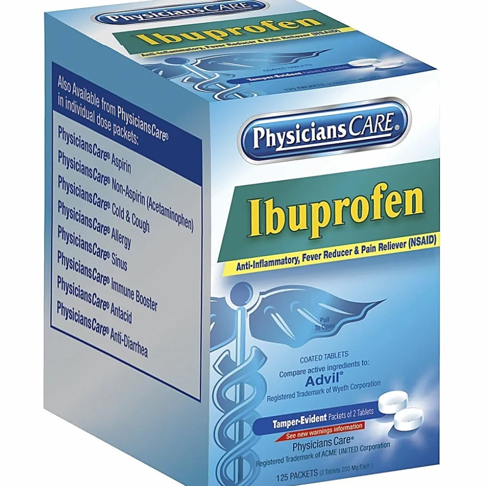 PhysiciansCare Ibuprofen Single Dose Packets, 2 Tablets Per Box, Box of 125 Packets