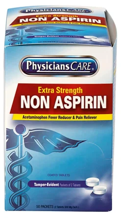 PhysiciansCare Non Aspirin Acetaminophen Pain Reliever Medication, 2 Tablets Per Packet, Box Of 50 Packets