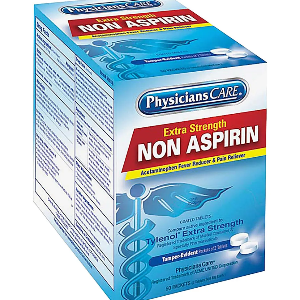 PhysiciansCare Non Aspirin Acetaminophen Pain Reliever Medication, 2 Tablets Per Packet, Box Of 50 Packets