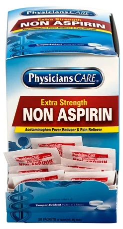 PhysiciansCare Non Aspirin Acetaminophen Pain Reliever Medication, 2 Tablets Per Packet, Box Of 50 Packets