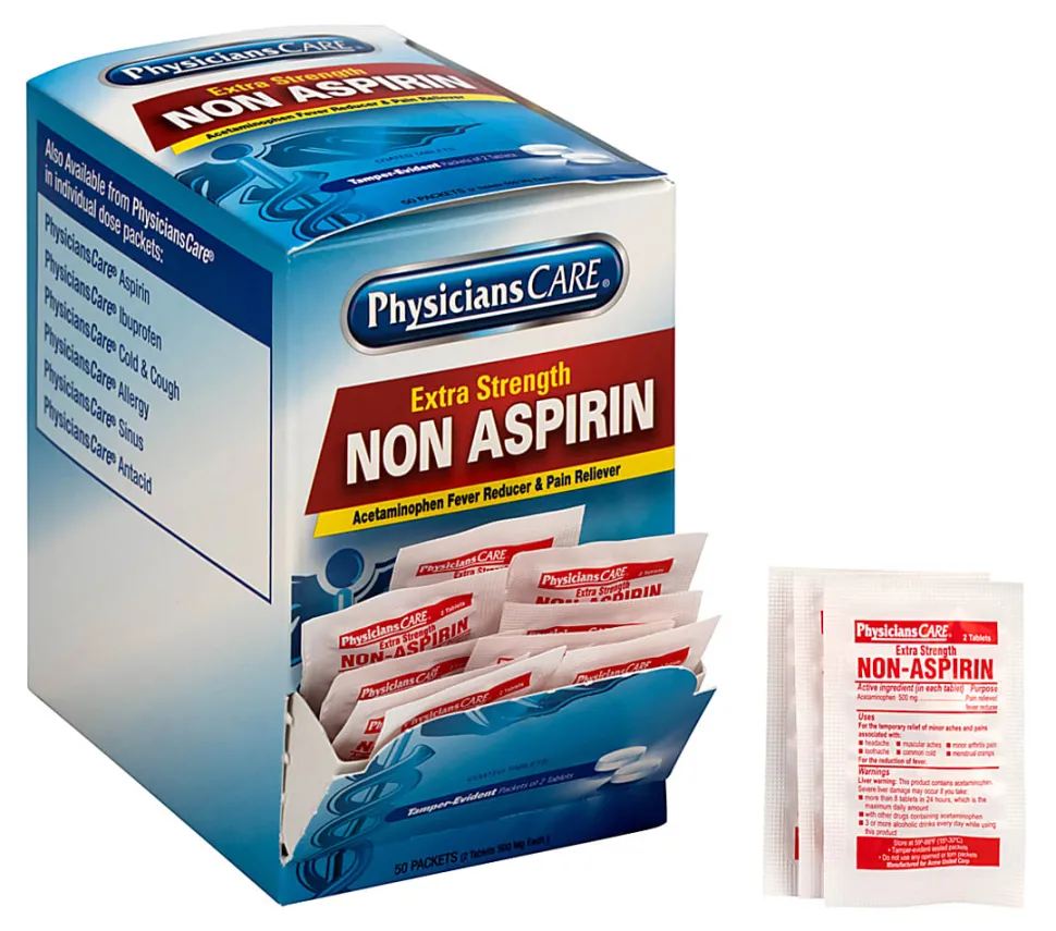 PhysiciansCare Non Aspirin Acetaminophen Pain Reliever Medication, 2 Tablets Per Packet, Box Of 50 Packets