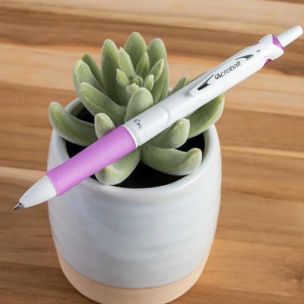 Pilot Acroball PureWhite Ball Point Pen, Fine Point, 0.7 mm, White/Purple Barrel, Black Ink