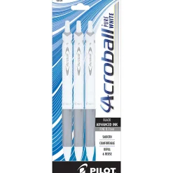 Pilot Acroball Pure White Ball Point Pens, Fine Point, 0.7mm, White Barrels, Black Ink, Pack Of 3 Pens