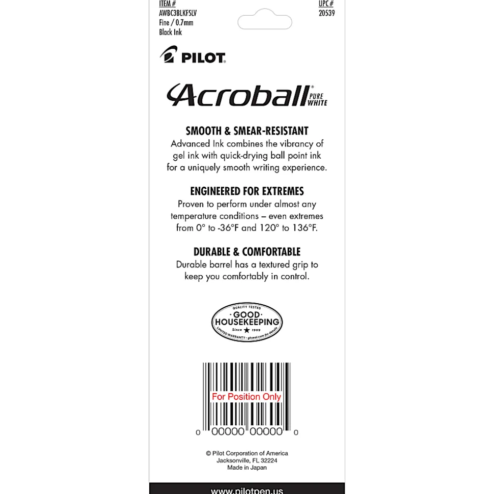 Pilot Acroball Pure White Ball Point Pens, Fine Point, 0.7mm, White Barrels, Black Ink, Pack Of 3 Pens