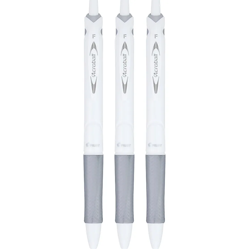 Pilot Acroball Pure White Ball Point Pens, Fine Point, 0.7mm, White Barrels, Black Ink, Pack Of 3 Pens