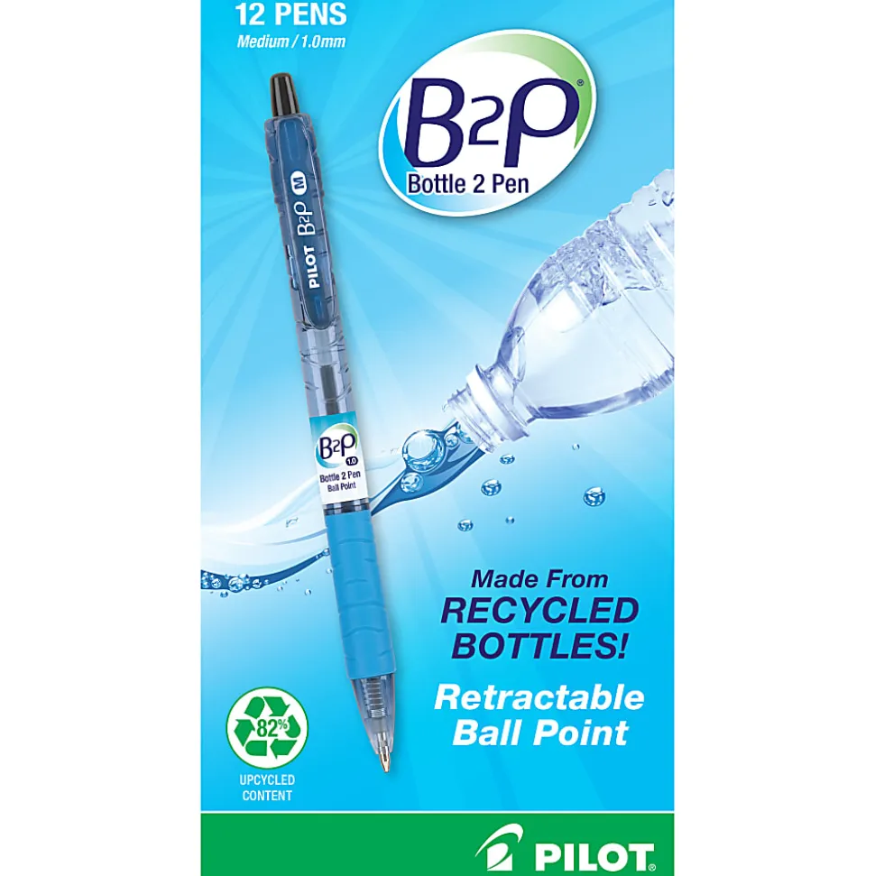 Pilot B2P "Bottle To Pen" Retractable Ballpoint Pens, Medium Point, 1.0mm, 82% Recycled, Translucent Blue Barrels, Black Ink, Pack of 12