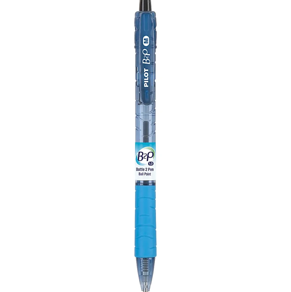 Pilot B2P "Bottle To Pen" Retractable Ballpoint Pens, Medium Point, 1.0mm, 82% Recycled, Translucent Blue Barrels, Black Ink, Pack of 12