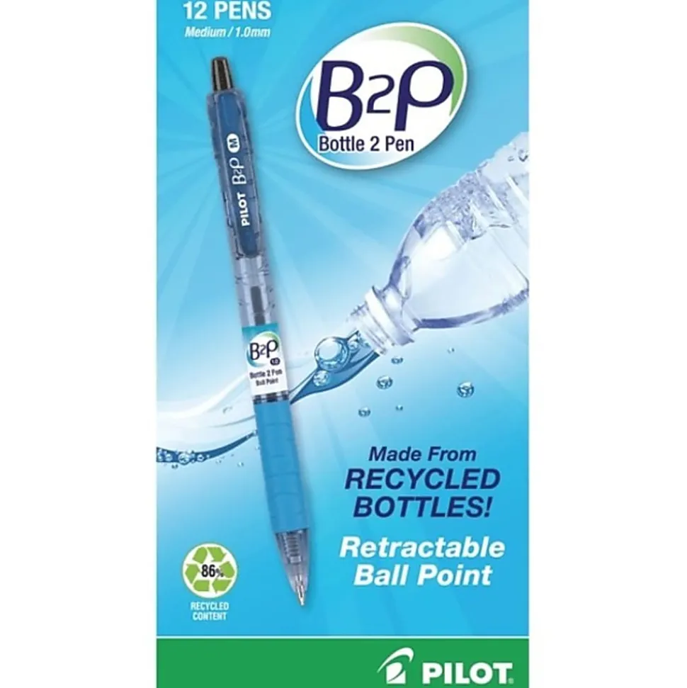 Pilot B2P "Bottle To Pen" Retractable Ballpoint Pens, Medium Point, 1.0mm, 82% Recycled, Translucent Blue Barrels, Black Ink, Pack of 12