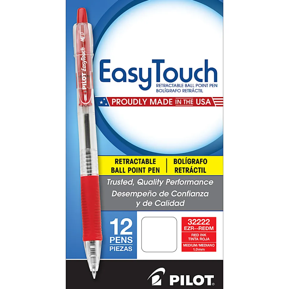 Pilot® EasyTouch Retractable Ballpoint Pens, Medium Point, 1.0 mm, Clear Barrel, Red Ink, Pack Of 12