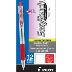 Pilot® EasyTouch® Retractable Ballpoint Pens, Fine Point, 0.7 mm, Clear Barrels, Red Ink, Pack Of 12