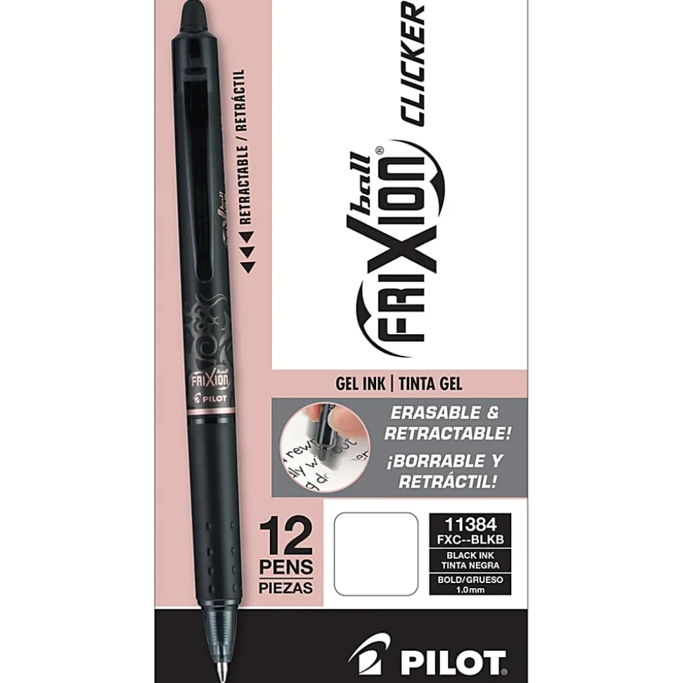 Pilot® FriXion® Ball Clicker Erasable Retractable Gel Pens, Pack of 12, Bold Point, 1.0 mm, Black Barrel, Black Ink