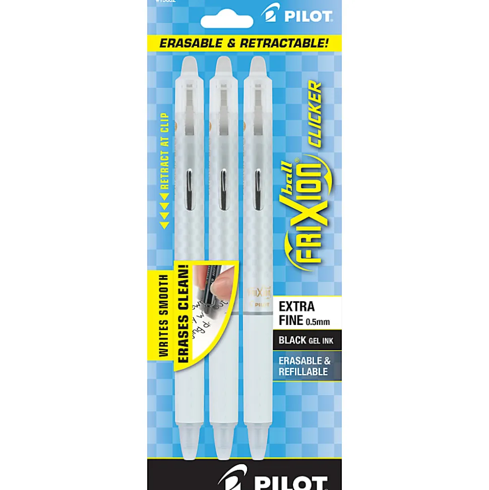 Pilot® FriXion® Ball Clicker Erasable Retractable Gel Pens, Pack of 3, Extra Fine Point, 0.5mm, White Checker Barrel, Black Ink