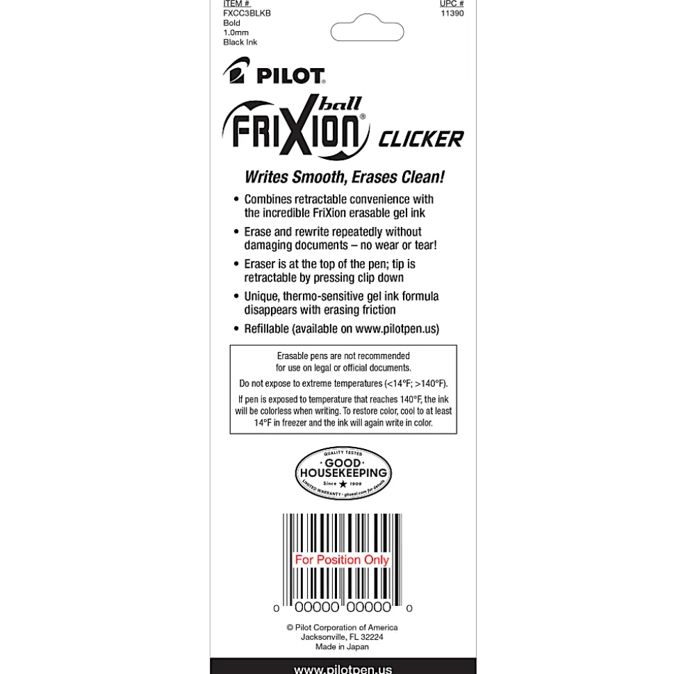 Pilot® FriXion® Ball Clicker Erasable Retractable Gel Pens, Pack of 3, Bold Point, 1.0 mm, Black Barrels, Black Ink