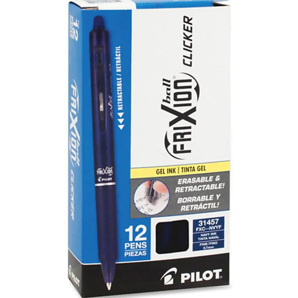 Pilot® FriXion® Ball Clicker Erasable Retractable Gel Pens, Pack of 12, Fine Point, 0.7 mm, Navy Blue Barrel, Navy Blue Ink