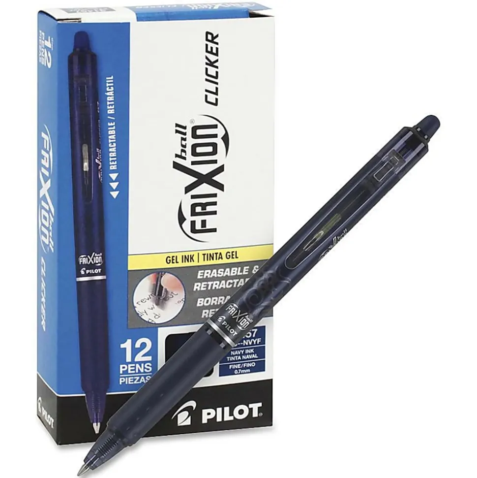 Pilot® FriXion® Ball Clicker Erasable Retractable Gel Pens, Pack of 12, Fine Point, 0.7 mm, Navy Blue Barrel, Navy Blue Ink