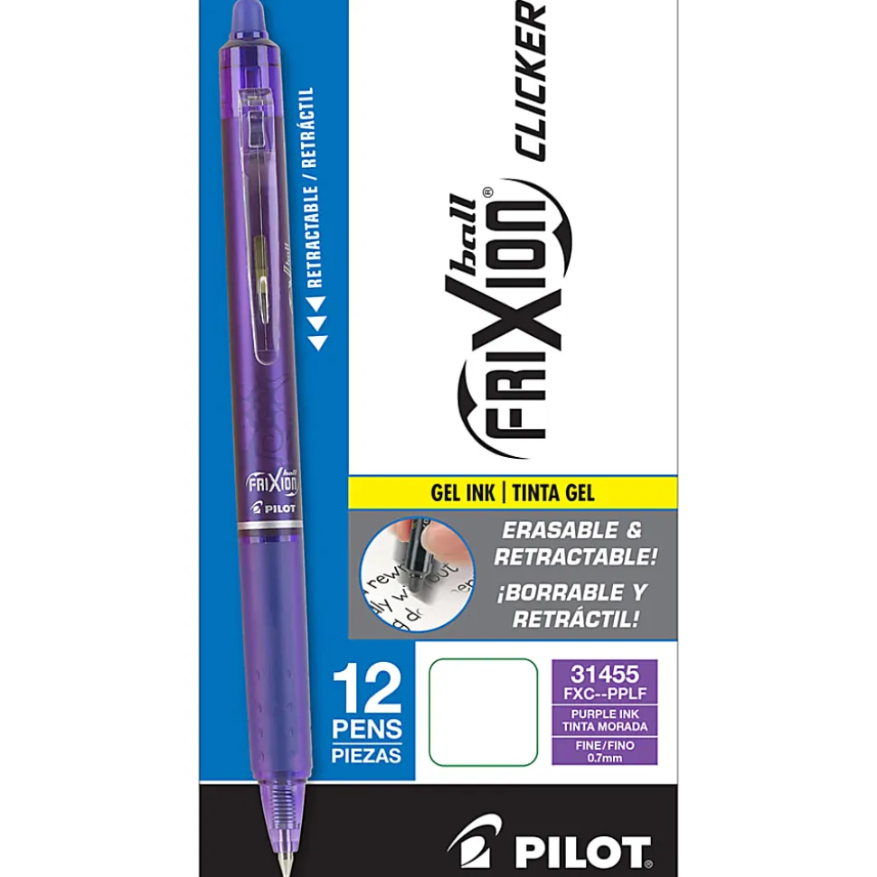 Pilot® FriXion® Ball Clicker Erasable Retractable Gel Pens, Pack of 12, Fine Point, 0.7 mm, Purple Barrel, Purple Ink