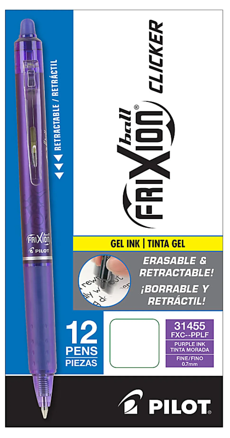 Pilot® FriXion® Ball Clicker Erasable Retractable Gel Pens, Pack of 12, Fine Point, 0.7 mm, Purple Barrel, Purple Ink