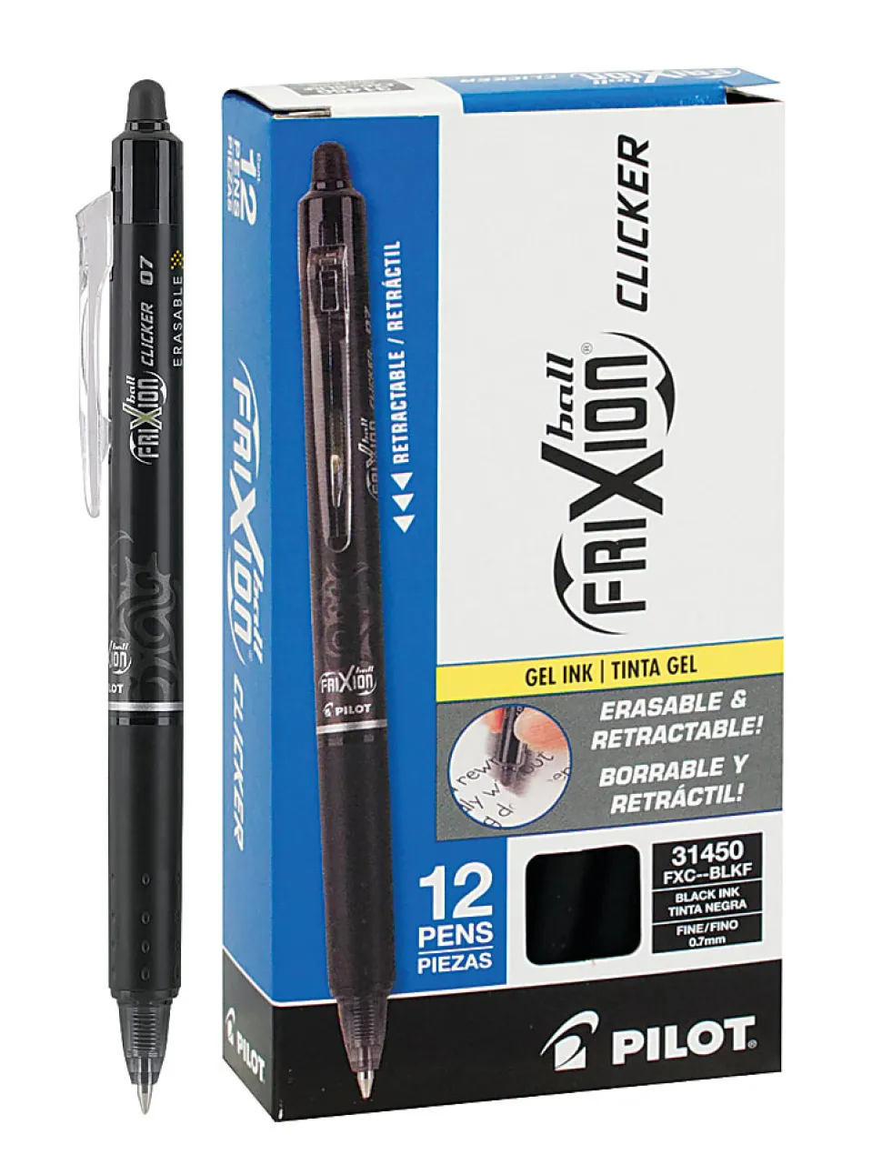 Pilot® FriXion® Ball Clicker Erasable Retractable Gel Pens, Pack of 12, Fine Point, 0.7 mm, Black Barrels, Black Ink