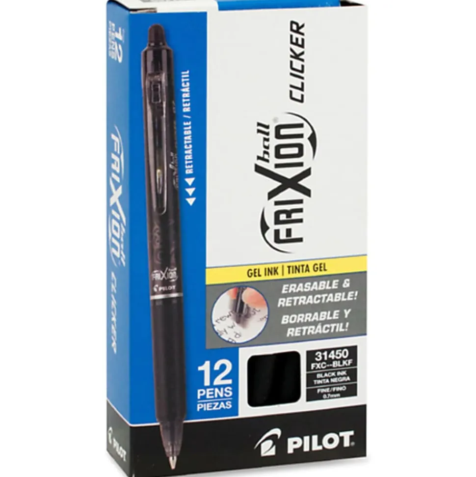 Pilot® FriXion® Ball Clicker Erasable Retractable Gel Pens, Pack of 12, Fine Point, 0.7 mm, Black Barrels, Black Ink