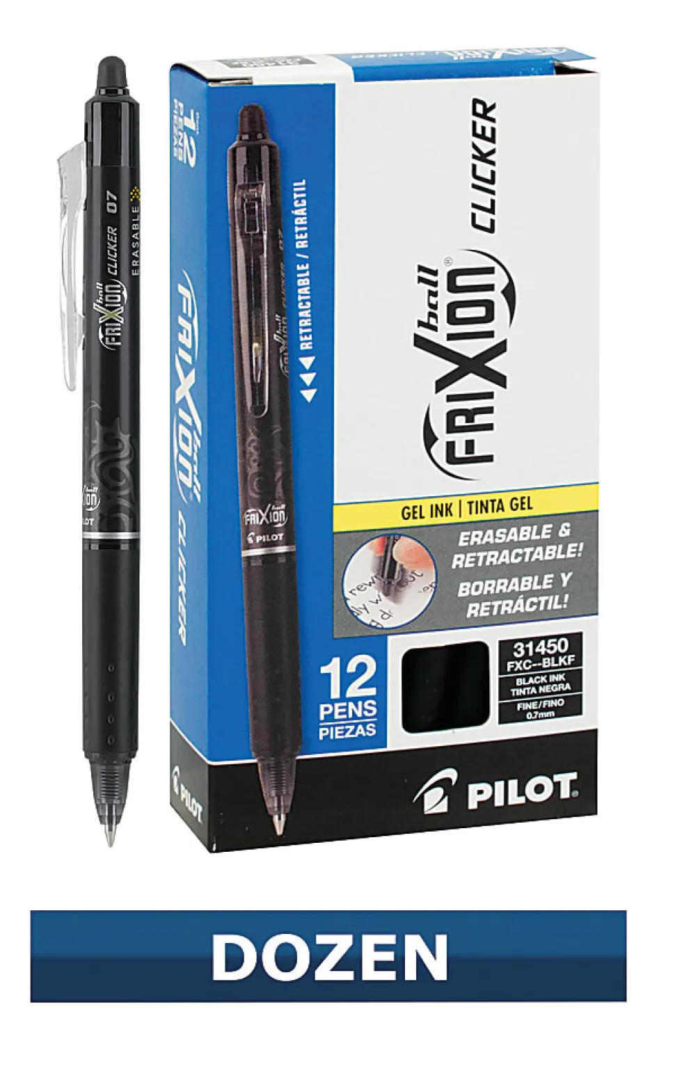 Pilot® FriXion® Ball Clicker Erasable Retractable Gel Pens, Pack of 12, Fine Point, 0.7 mm, Black Barrels, Black Ink