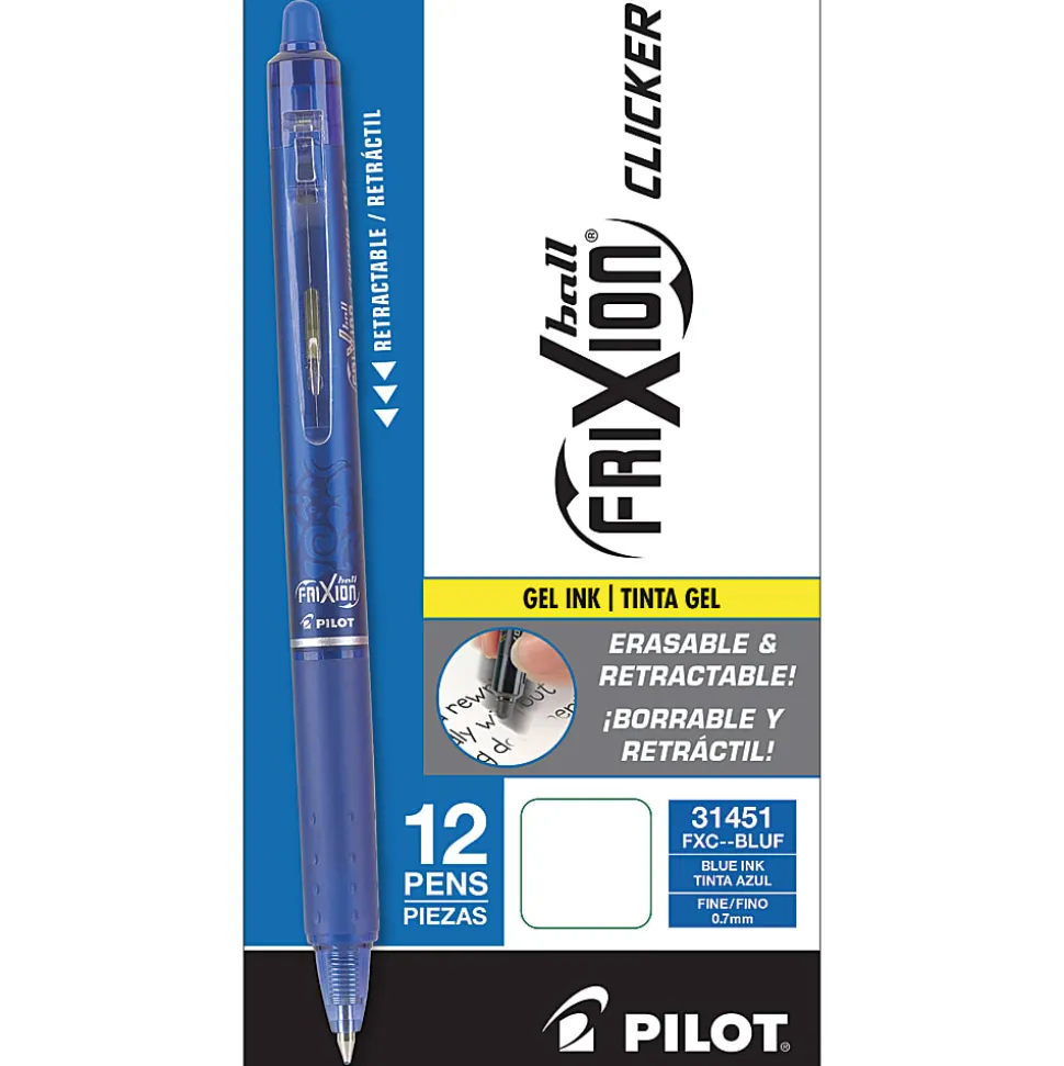 Pilot® FriXion® Ball Clicker Erasable Retractable Gel Pens, Pack of 12, Fine Point, 0.7 mm, Blue Barrel, Blue Ink