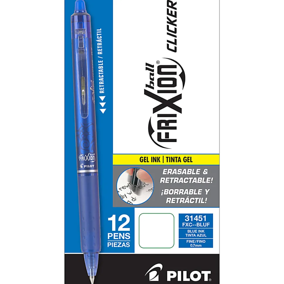 Pilot® FriXion® Ball Clicker Erasable Retractable Gel Pens, Pack of 12, Fine Point, 0.7 mm, Blue Barrel, Blue Ink