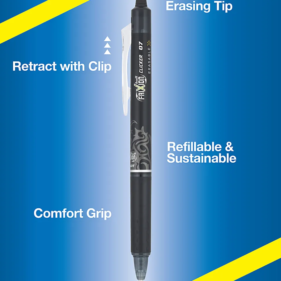 Pilot® FriXion® Ball Clicker Erasable Retractable Gel Pens, Pack of 3, Fine Point, 0.7 mm, Black Barrels, Black Ink