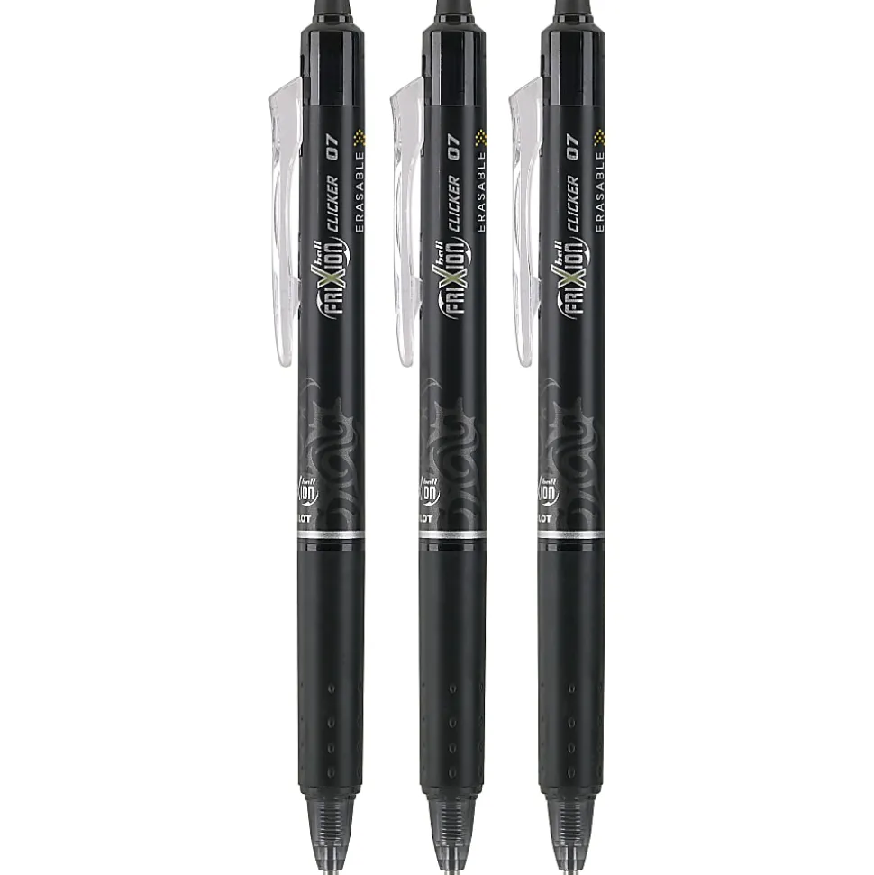 Pilot® FriXion® Ball Clicker Erasable Retractable Gel Pens, Pack of 3, Fine Point, 0.7 mm, Black Barrels, Black Ink