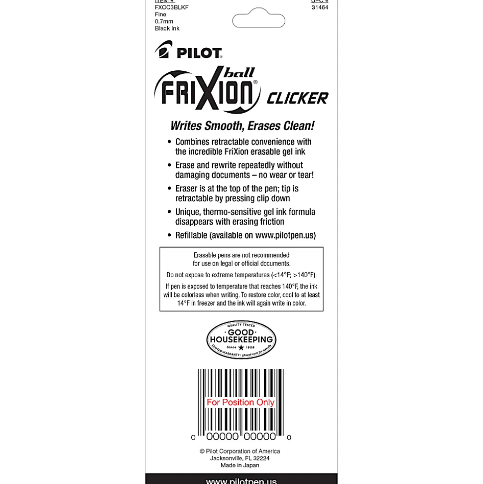 Pilot® FriXion® Ball Clicker Erasable Retractable Gel Pens, Pack of 3, Fine Point, 0.7 mm, Black Barrels, Black Ink