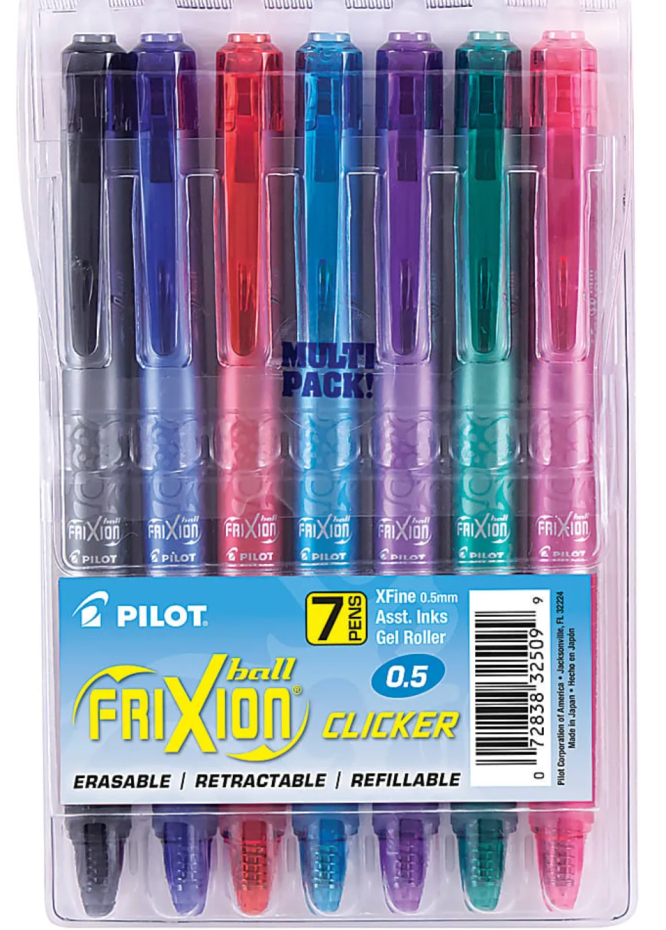 Pilot® FriXion® Ball Clicker Erasable Retractable Gel Pens, Pack of 7, Extra Fine Point, 0.5 mm, Assorted Barrels, Assorted Ink Colors