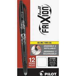 Pilot® FriXion® Ball Erasable Gel Pens, Pack of 12, Fine Point, 0.7 mm, Black Barrel, Black Ink