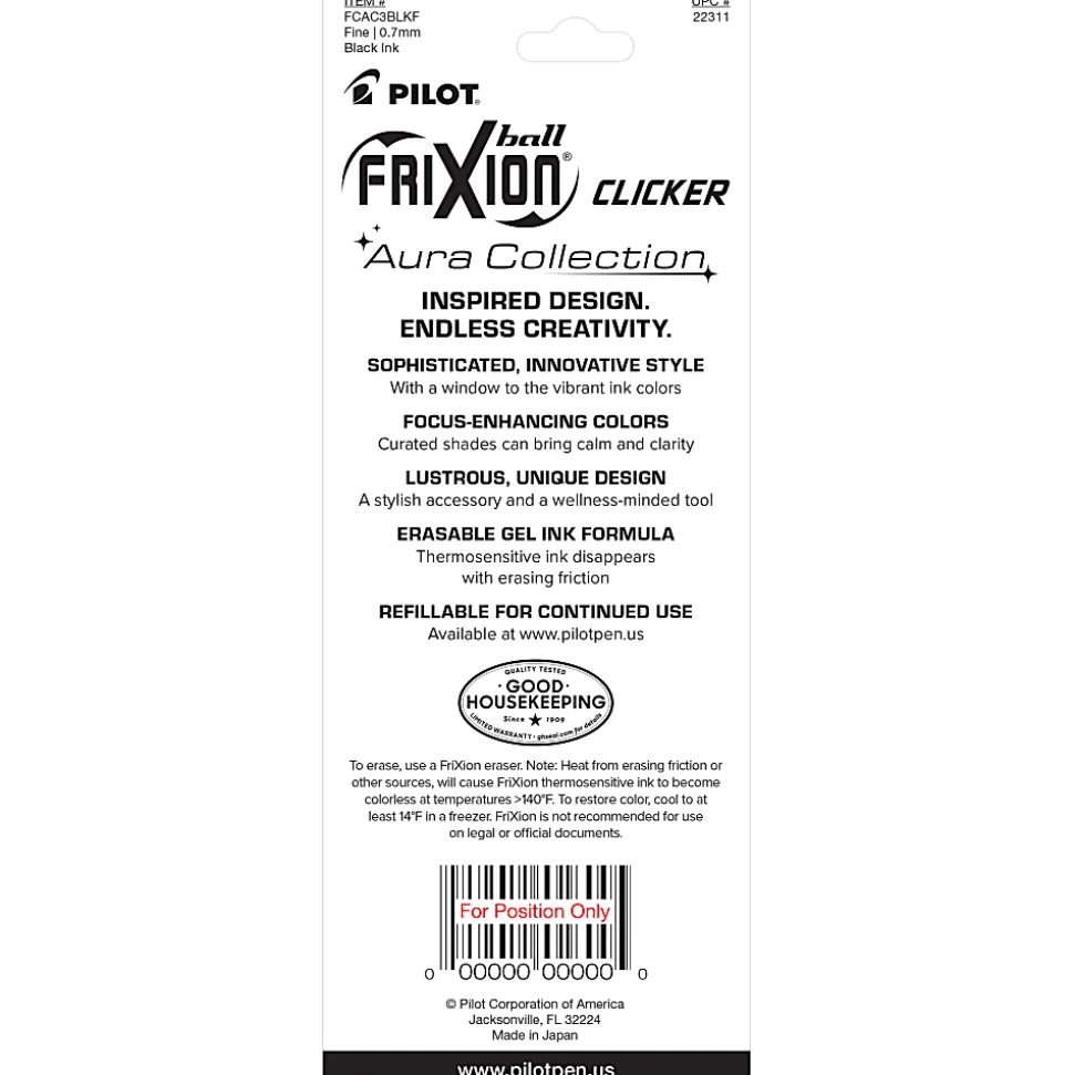 Pilot FriXion Clicker Aura Retractable Erasable Gel Ink Pens, Fine Point, 0.7mm, Assorted Ink, Pack of 3 Pens