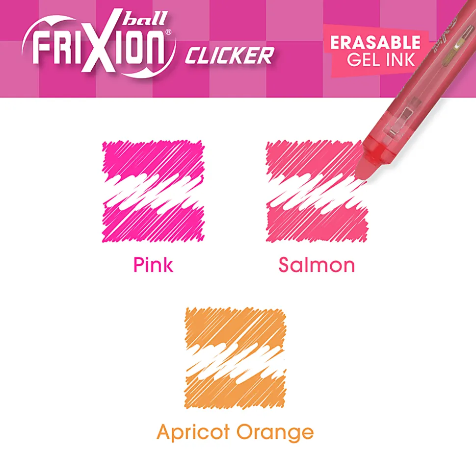 Pilot FriXion Clicker Vibe Glow Retractable Erasable Gel Ink Pens, Fine Point, 0.7mm, Assorted Barrels, Assorted Inks, Pack of 3 Pens