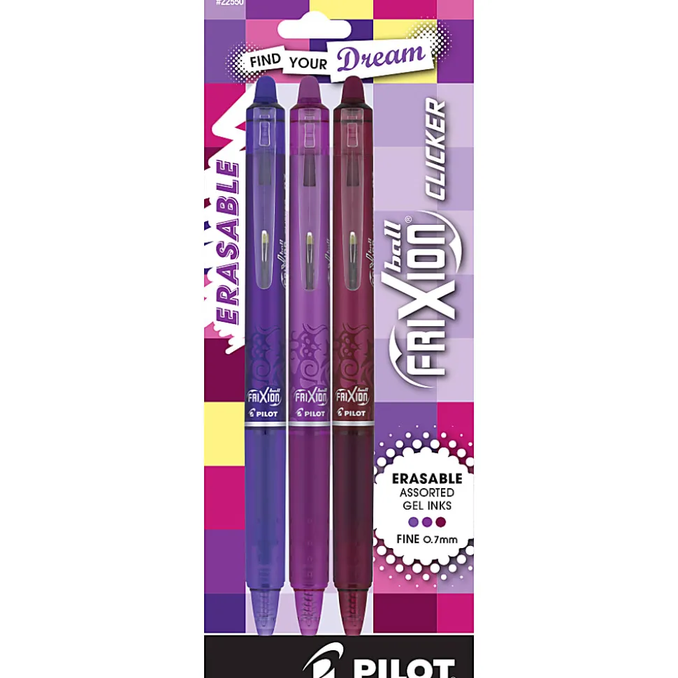 Pilot FriXion Clicker Vibe Retractable Erasable Gel Ink Pens, Fine Point, 0.7mm, Assorted Barrels, Assorted Ink, Pack of 3 Pens, 22550