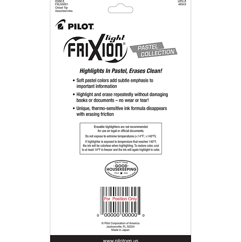 Pilot® FriXion® Light Pastel Erasable Highlighters, Pack of 5, Chisel Tip, Assorted Colors, 46543