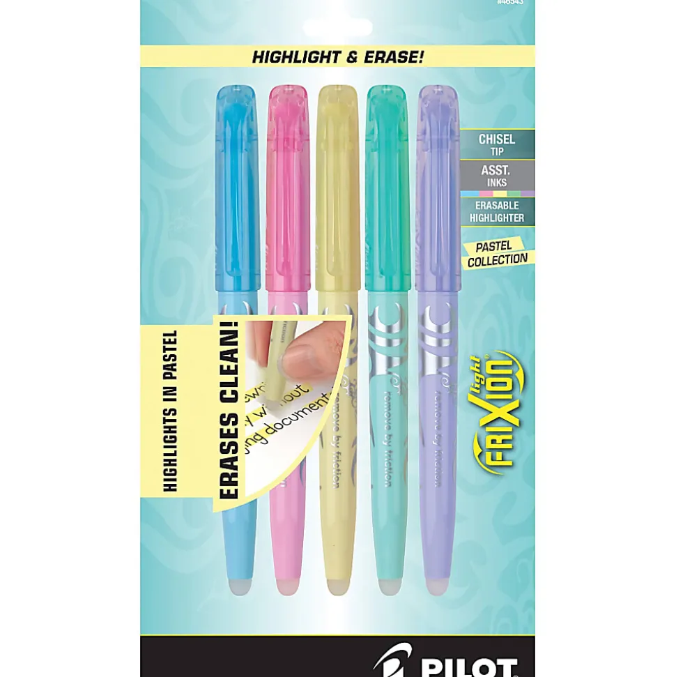 Pilot® FriXion® Light Pastel Erasable Highlighters, Pack of 5, Chisel Tip, Assorted Colors, 46543