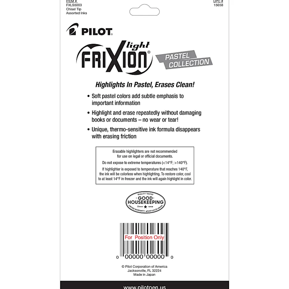 Pilot® FriXion® Light Pastel Erasable Highlighters, Pack of 5, Chisel Tip, Assorted Colors, 15658